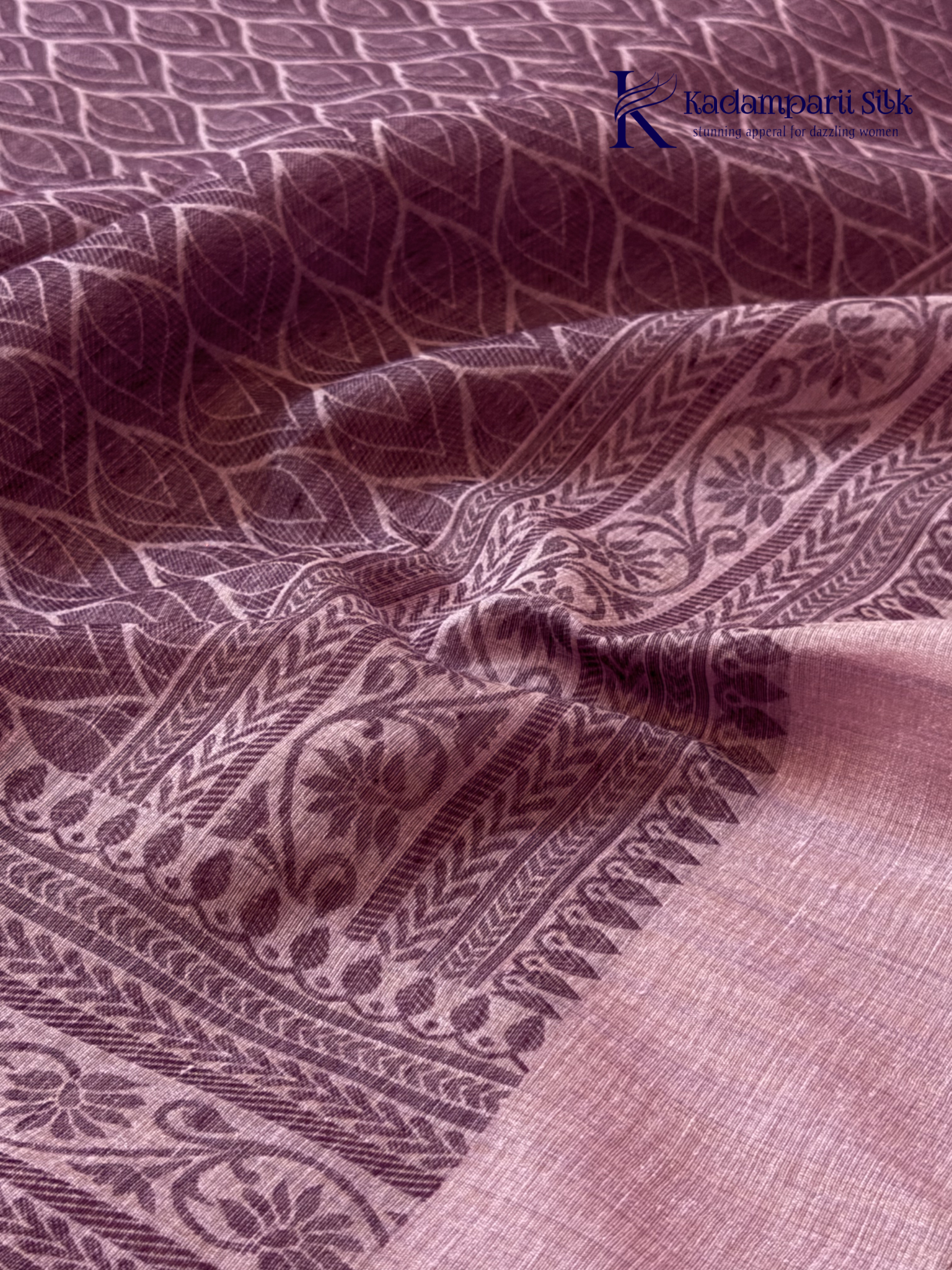 Kadamparii Silk lavender khadi cotton saree with delicate woven traditional motifs, intricate ethnic border design, soft breathable fabric, elegant minimal style, and comfortable everyday ethnic wear.