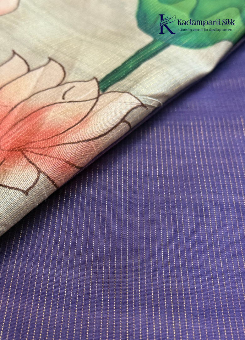 Semi Tussar Silk Saree with Lotus Floral Print and Plain Purple Pallu