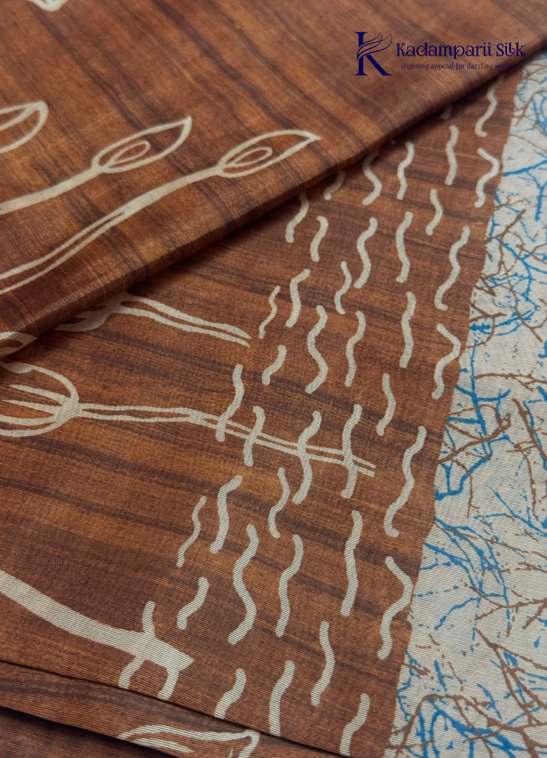 Semi Tussar Silk Saree with Handcrafted Lotus Print & Artistic Border