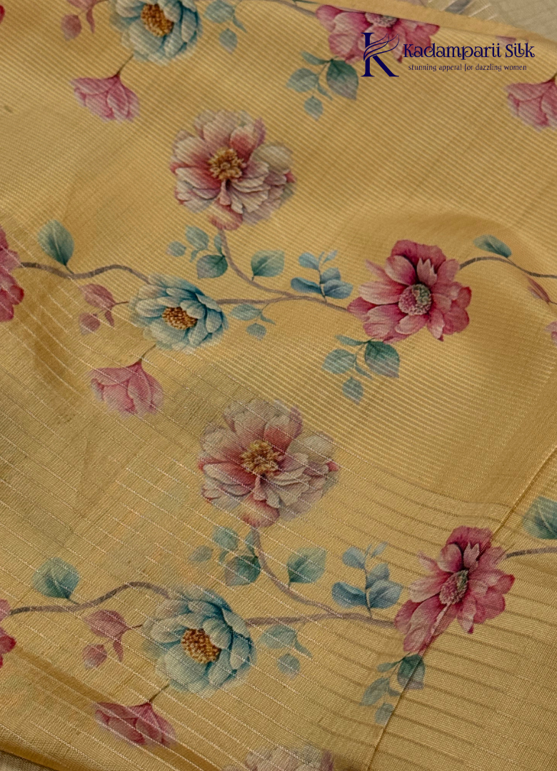 Pastel Bloom Cream & Coral Pink Floral Organza Silk Saree with Zari Stripes