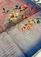 Dusty Rose Floral Digital Print Semi Tussar Silk Saree with Ombre Blue Pallu & Tassels