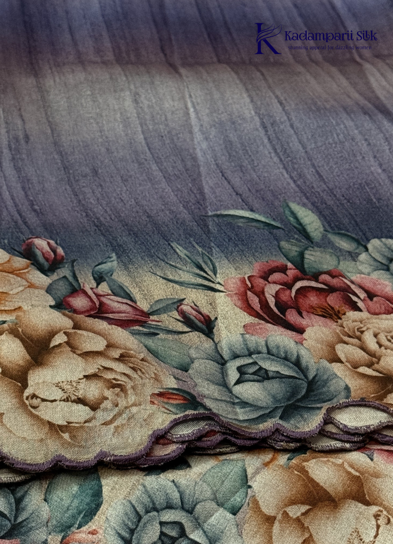 Kadamparii Silk grey tussar saree with digital body and multicolour floral border, displayed on a white background.
