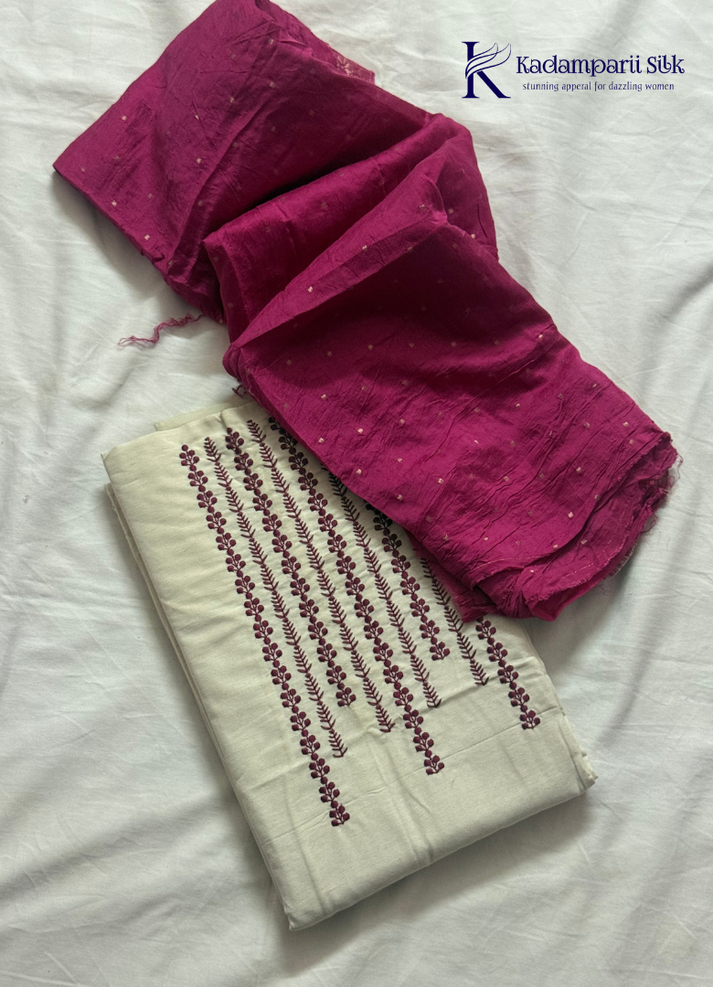 Cream Vertical Thread-Embroidered Suit with Magenta Bandhani Crushed Dupatta