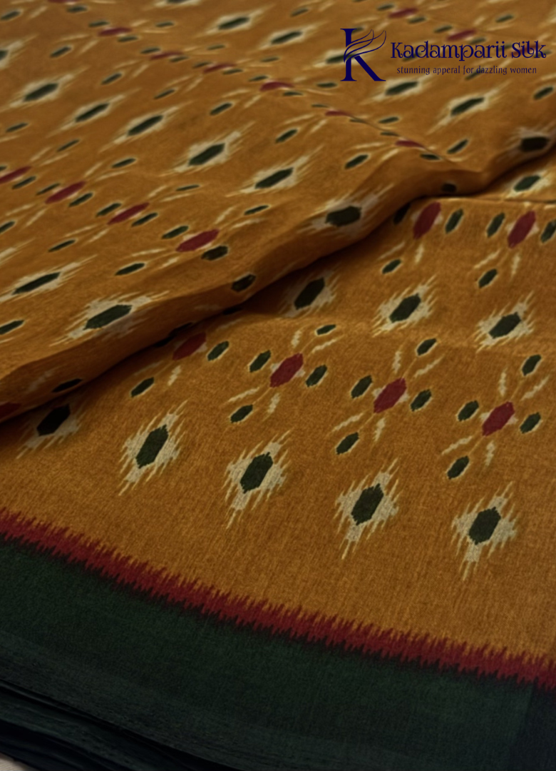 Kadamparii Silk mustard soft semi tussar silk saree with woven pattern and dark contrast border, displayed on a white background.