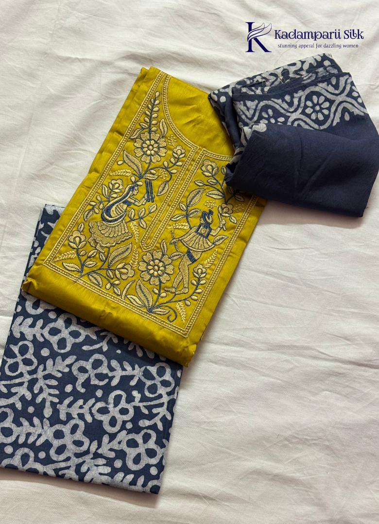 Mustard Yellow Folk Art Embroidered Salwar Set with Batik Printed Dupatta