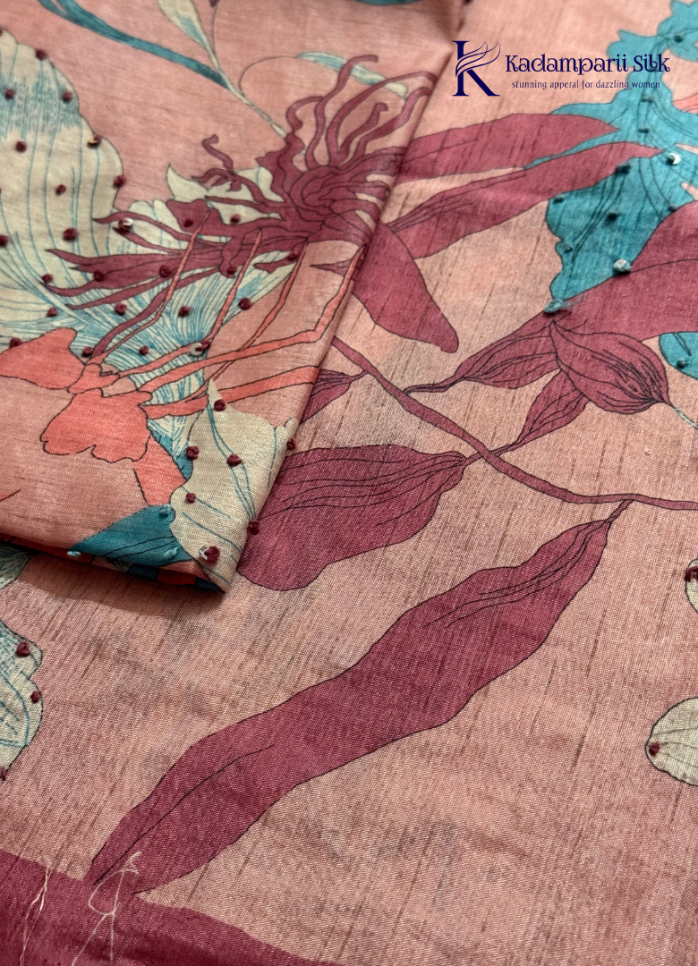 Soft Tussar Silk Saree with Botanical Floral Print & Hand Bead Work | Kadamparii Silk