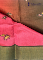 Brown & Pink Soft Tussar Silk Saree with Lotus Butta & Contrast Border