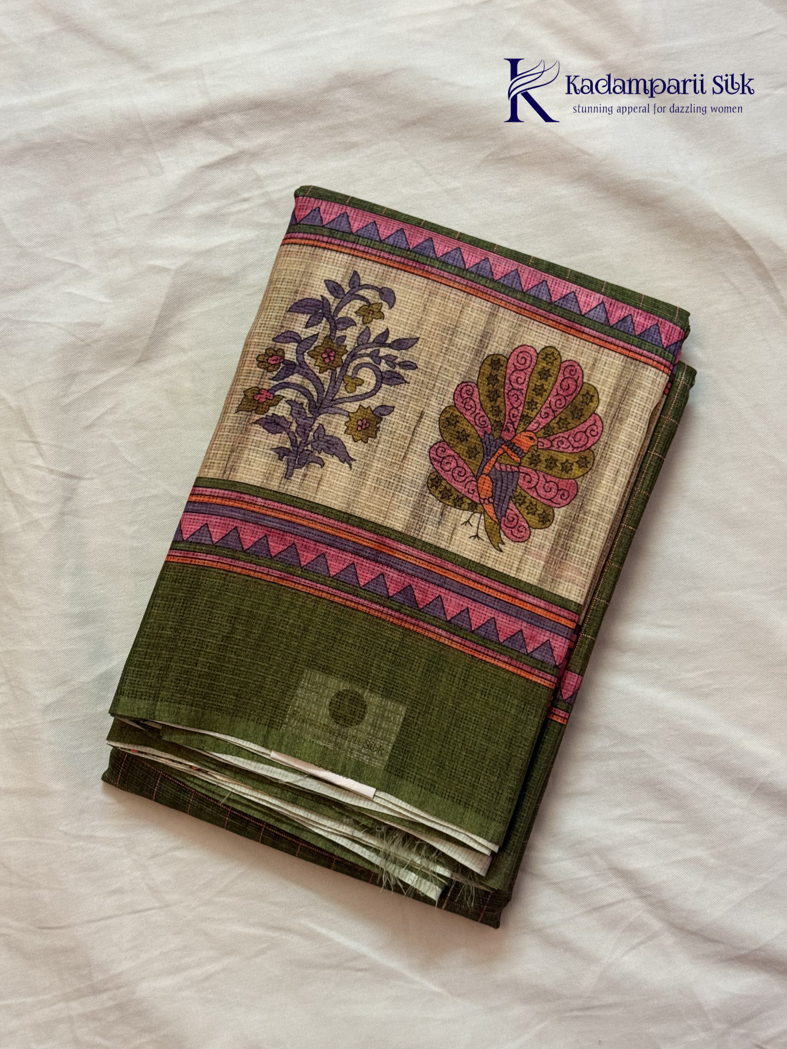 Olive green semi kota saree with checked pattern and artistic printed border by Kadamparii Silk.