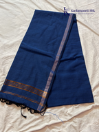 Kadamparii Silk royal blue soft ikkat cotton saree with subtle zari border and matching elephant printed blouse, lightweight breathable fabric, elegant traditional design, and comfortable daily wear style.