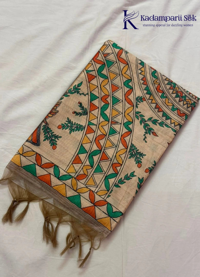 Kadamparii Silk taupe grey semi tussar silk saree with artistic printed mundhi, floral leaf motifs, and multicolour border, displayed on a white background.