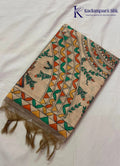 Kadamparii Silk taupe grey semi tussar silk saree with artistic printed mundhi, floral leaf motifs, and multicolour border, displayed on a white background.