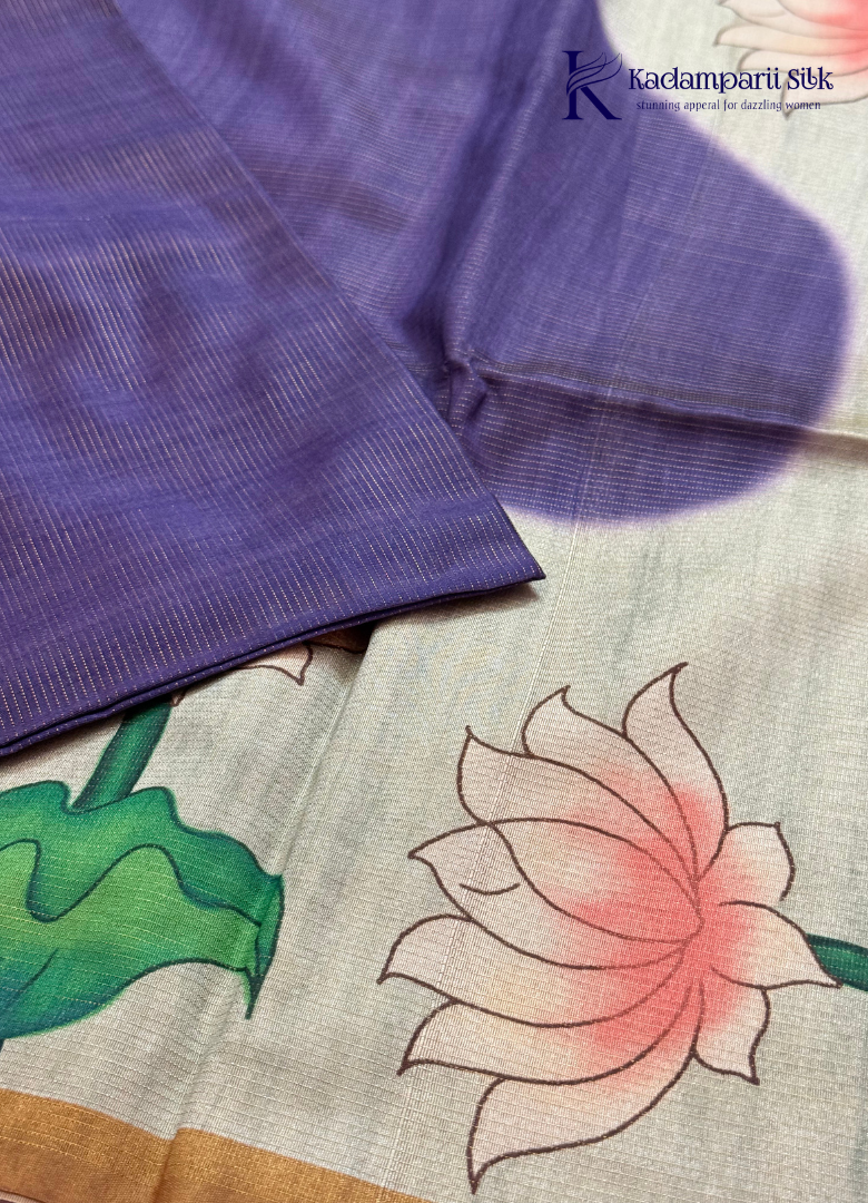 Semi Tussar Silk Saree with Lotus Floral Print and Plain Purple Pallu