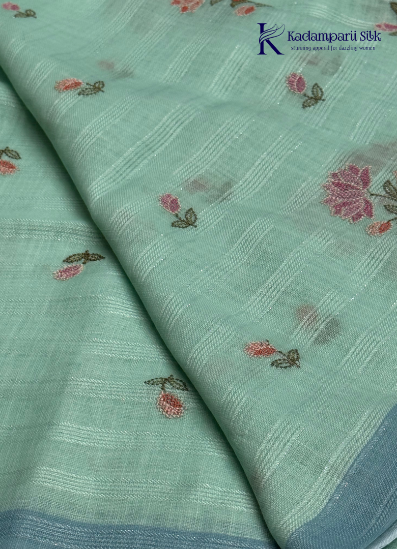 Meadow Breeze Seafoam Green & Butterfly Motif Linen-Silk Saree