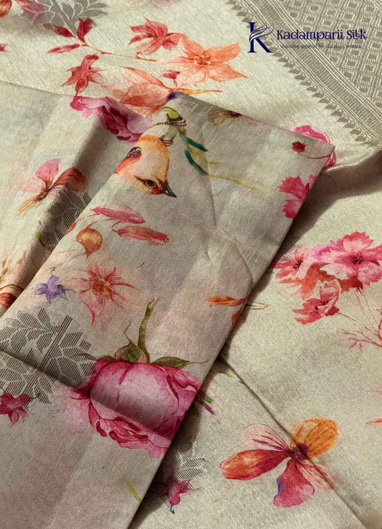 Beige Linen Silk Saree with Artistic Couple Print & Traditional Woven Border