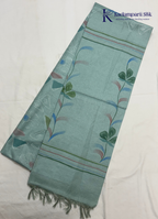 Woodland Whisper Seafoam Sage Green Painted Floral Linen-Silk Saree