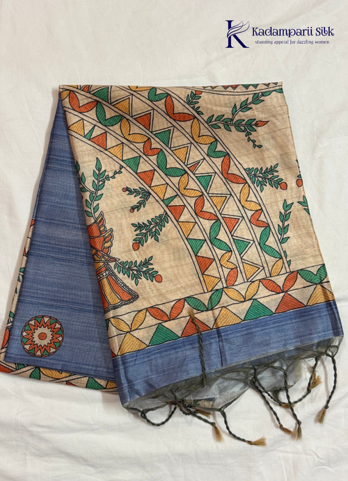 Blue Body with Beige Printed Pallu Semi Tussar Silk Saree