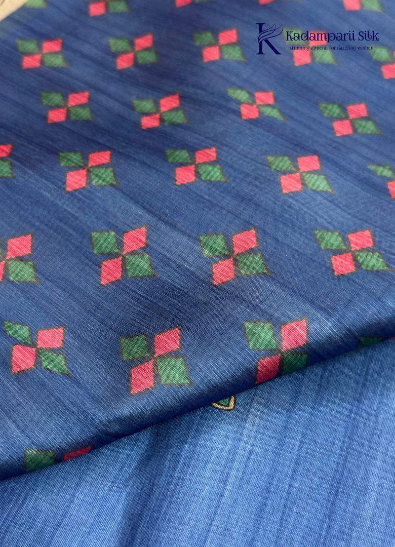 Royal Blue Semi Tussar Silk Saree with Multicolour Kalamkari-Inspired Printed Pallu