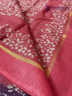 Blush pink semi tussar saree with traditional batik print and purple contrast pallu by Kadamparii Silk.