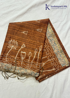 Semi Tussar Silk Saree with Handcrafted Lotus Print & Artistic Border