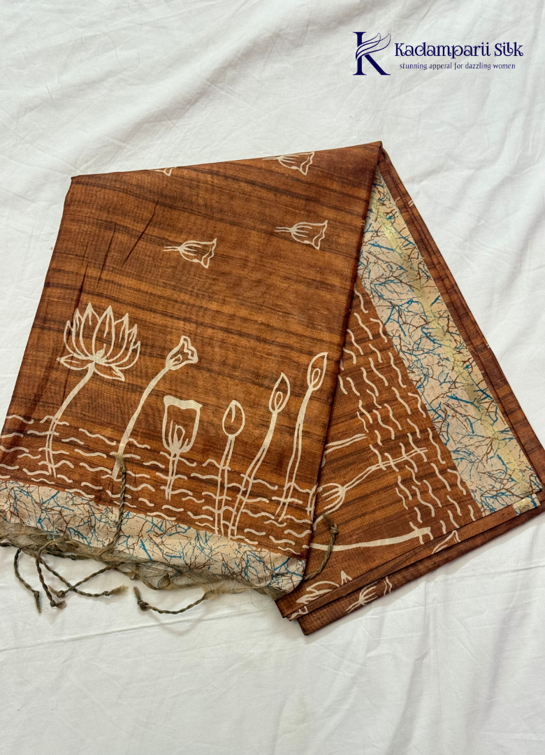 Semi Tussar Silk Saree with Handcrafted Lotus Print & Artistic Border