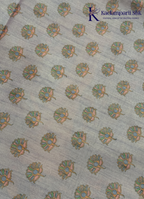 Kadamparii Silk light grey semi tussar silk saree with artistic printed mundhi and floral traditional motifs, displayed on a white background.