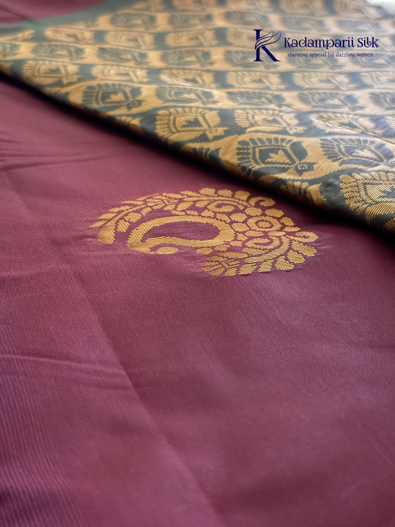 Kadamparii Silk magenta and olive green semi soft silk saree with intricate gold zari weaving, traditional motifs, rich contrast pallu, elegant border, and tassel detailing.