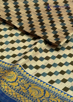 Cream & Royal Blue Geometric Weave Saree