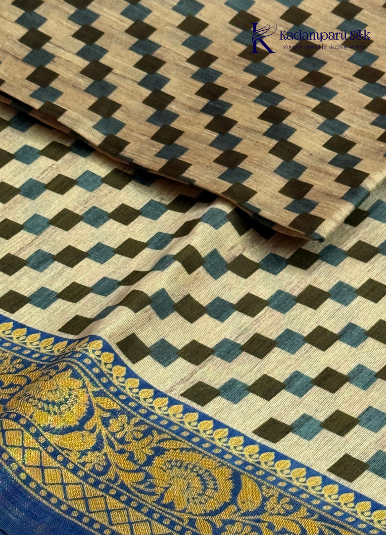 Cream & Royal Blue Geometric Weave Saree