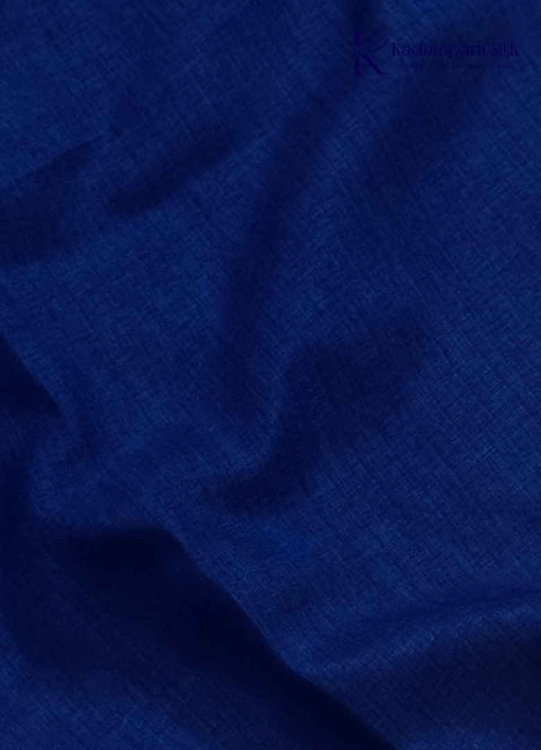 Kadamparii Silk royal blue tussar cutwork saree with floral motifs and contrasting beige cutwork border, displayed on a white background.