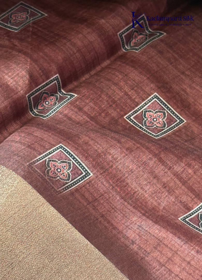 Kadamparii Silk brown soft tussar silk saree with digital print body and traditional motif border, displayed on a white background.