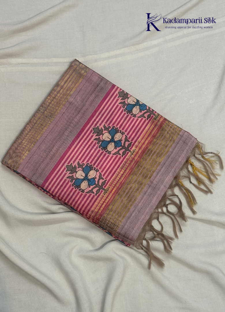 Soft Tussar Silk Saree with Floral Print & Striped Designer Body