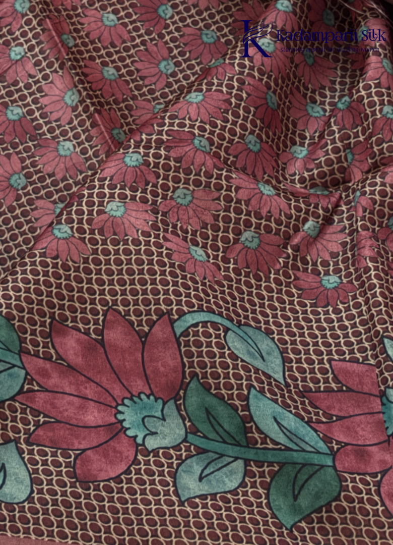 Kadamparii Silk rose pink semi tussar silk saree with floral printed mundhi and elegant border, displayed on a white background.