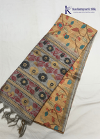Heritage Canvas Sand Gold & Slate Grey Kalamkari Print Tussar Silk Saree
