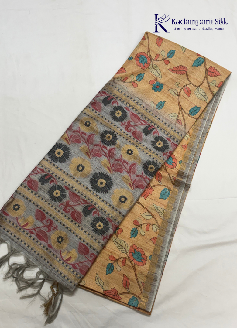 Heritage Canvas Sand Gold & Slate Grey Kalamkari Print Tussar Silk Saree
