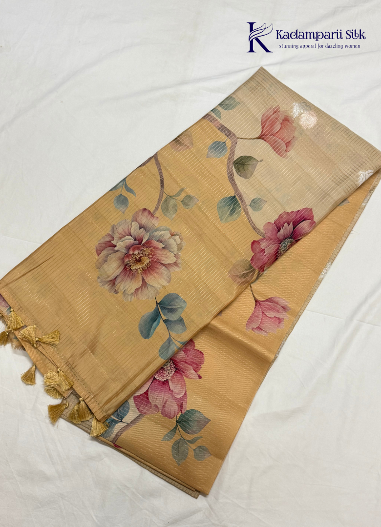 Pastel Bloom Cream & Coral Pink Floral Organza Silk Saree with Zari Stripes