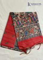 Coral Red Semi Tussar Silk Saree with Kalamkari-Inspired Fish & Floral Printed Pallu