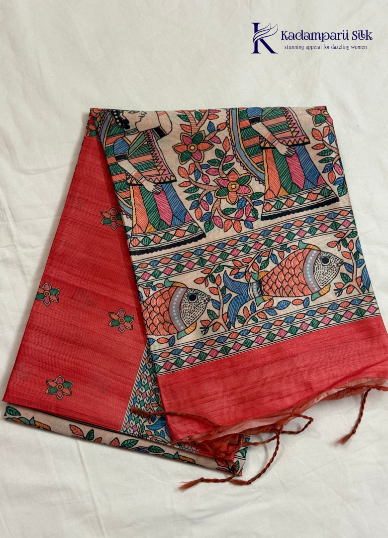 Coral Red Semi Tussar Silk Saree with Kalamkari-Inspired Fish & Floral Printed Pallu