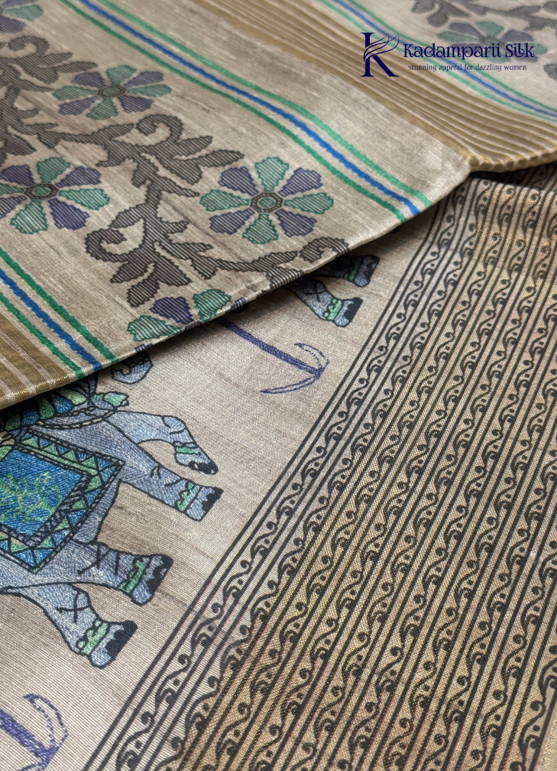 Soft Tussar Silk Saree with Royal Elephant Print Pallu & Floral Woven Body