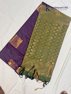 Kadamparii Silk royal purple semi soft silk saree with olive green zari woven pallu, intricate checkered motifs, copper gold zari border, geometric zari designs, and tassel detailing.