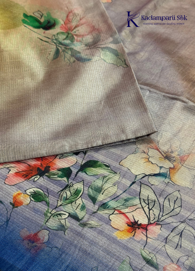 Dusty Rose Floral Digital Print Semi Tussar Silk Saree with Ombre Blue Pallu & Tassels