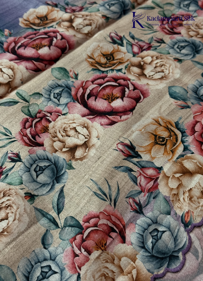 Kadamparii Silk grey tussar saree with digital body and multicolour floral border, displayed on a white background.