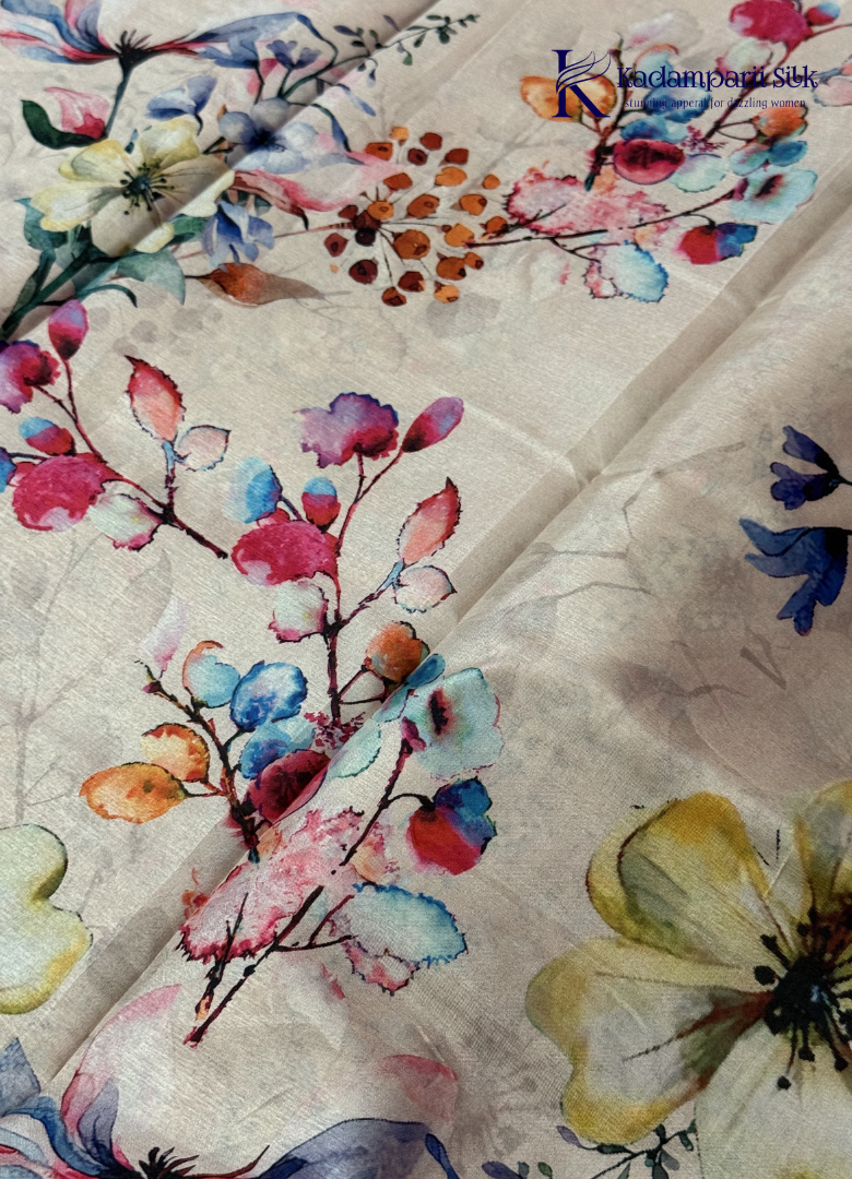 Kadamparii Silk cream soft tussar silk saree with floral digital print and contrast border, displayed on a white background.