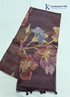 Midnight Bloom Deep Plum & Magenta Hibiscus Digital Floral Silk Saree