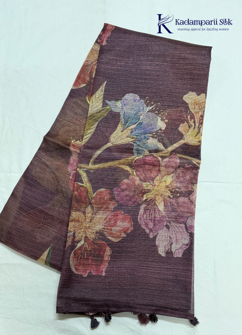 Midnight Bloom Deep Plum & Magenta Hibiscus Digital Floral Silk Saree