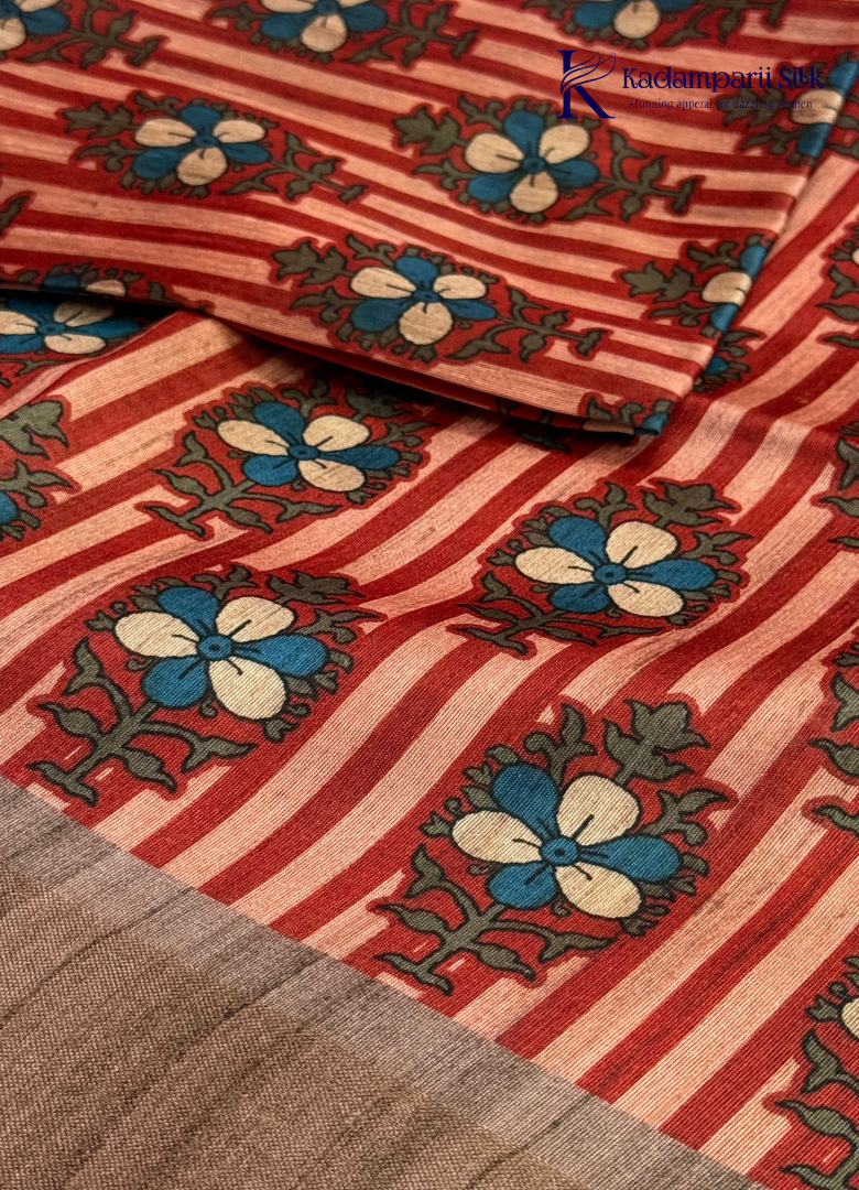 Dusky Pink & Muted Rose Striped Floral Kalamkari Saree
