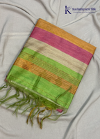 Drape yourself in this Soft Tussar Silk Saree, featuring a graceful botanical leaf print on a subtle beige body, complemented by a vibrant multicolor contrast border. Lightweight, elegant, and effortlessly stylish—perfect for every occasion.