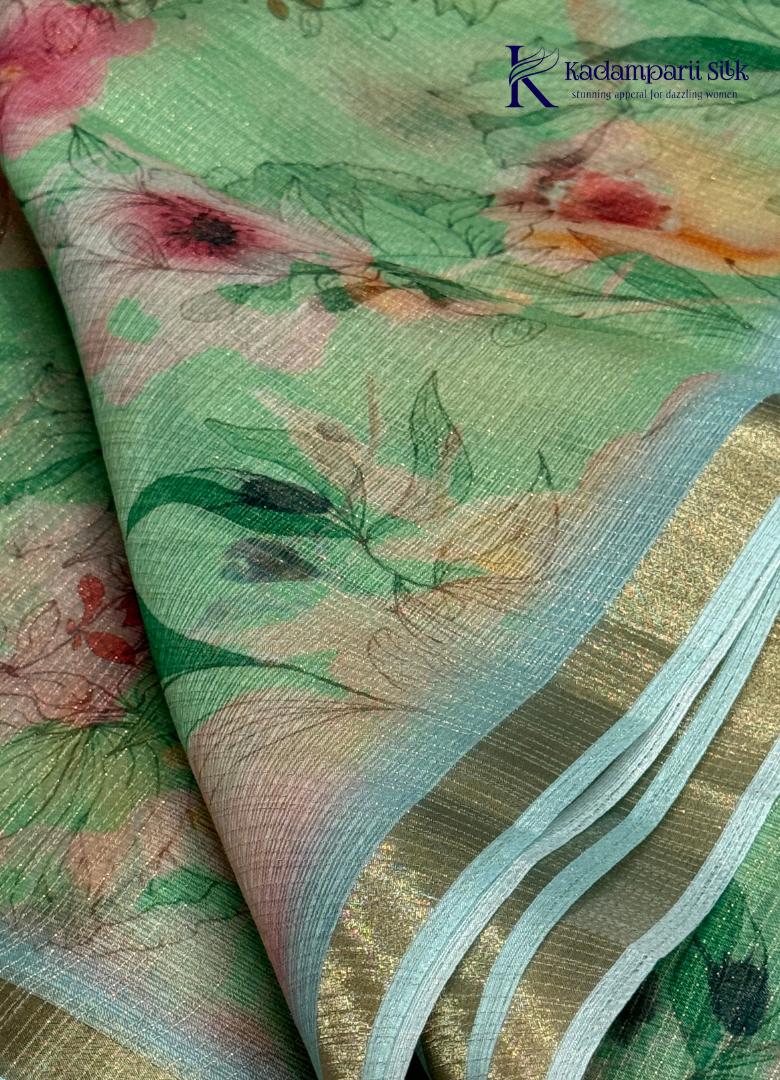 Enchanted Garden Emerald Sage Green Digital Floral Organza Saree