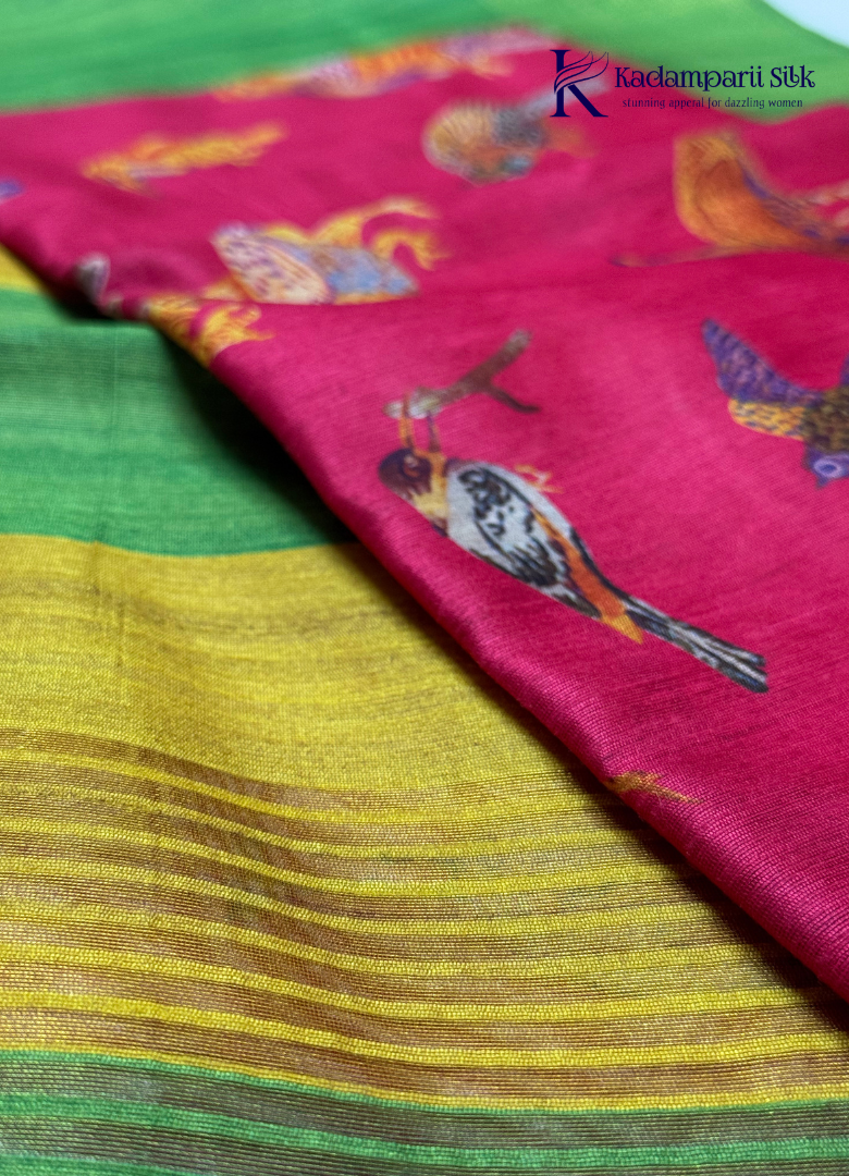 The Feathered Symphony  Digital Avian Print Tussar Silk Saree with Zari Border