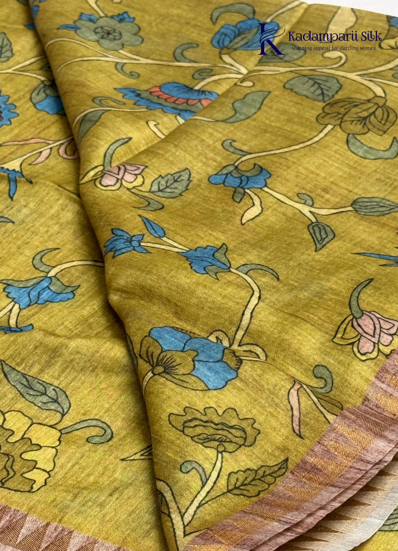 Botanical Heritage Olive Green & Rust Kalamkari Printed Silk Saree