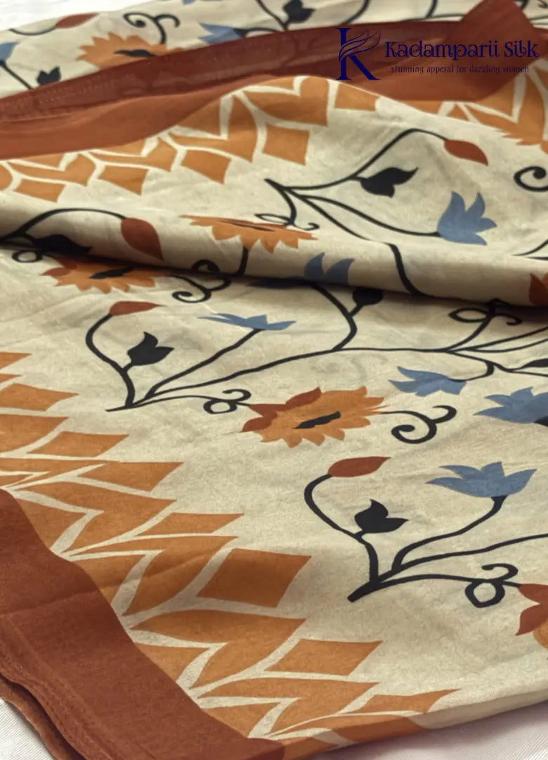 Cream Floral Vine Fancy Saree with Contrast Rust Border